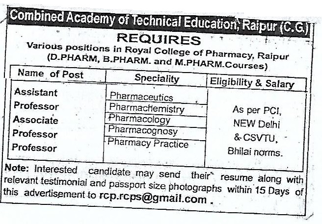 Recruitment Notice For The Post of Principal, Professor, Associate Professor, Assistant Professor & Lecturer Under Statue-19 at Royal College of Pharmacy, Raipur